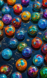 a group of colorful glass orbs
