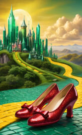 ruby shoes on a green lawn with a castle in the background