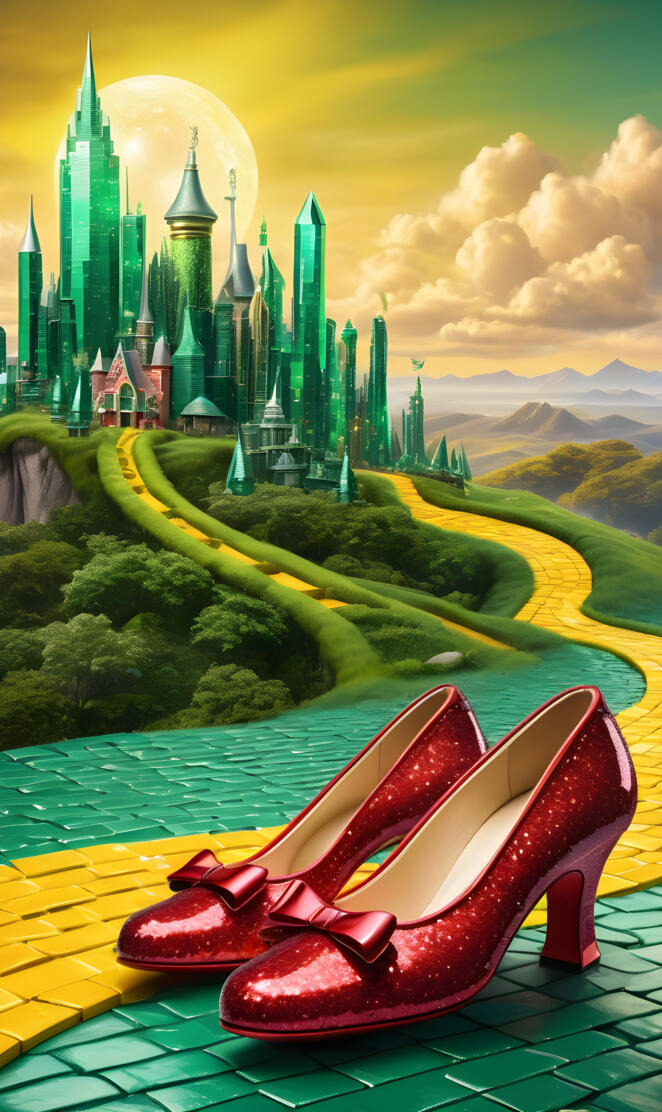 ruby shoes on a green lawn with a castle in the background