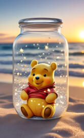a small yellow bear in a glass vase