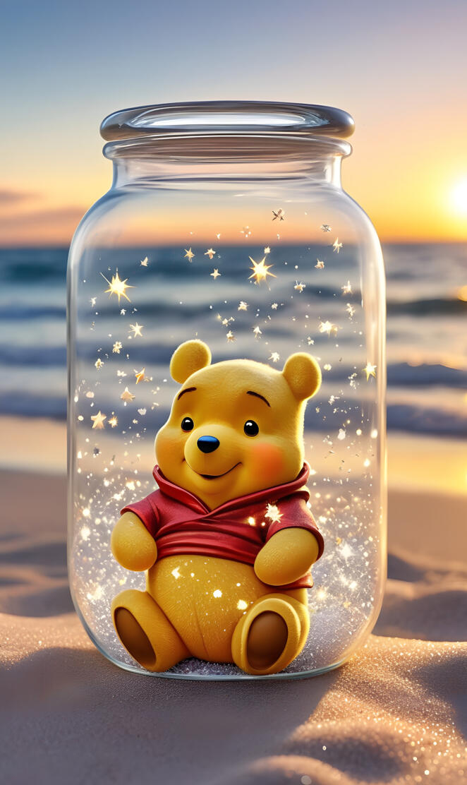 a small yellow bear in a glass vase