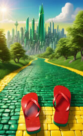 a green park with a city in the background