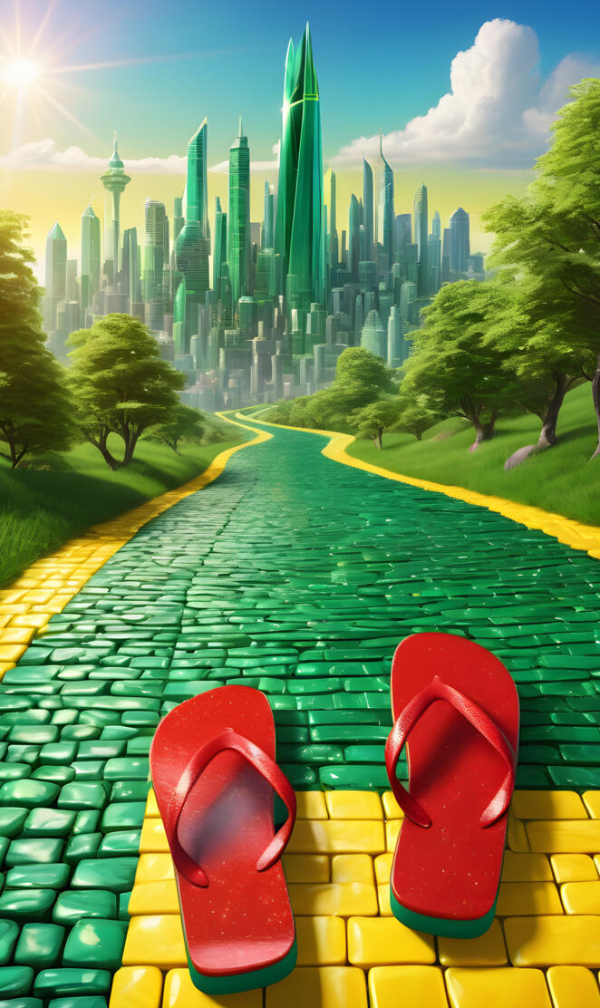 a green park with a city in the background