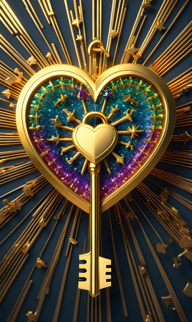 rainbow holographic heart and key