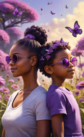 mother and daughter in field under warm sun with purple flowers
