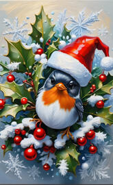 a bird with a hat and a scarf