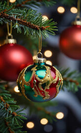 "Shimmering Holiday Ornaments – Red, Green, and Gold Elegance"