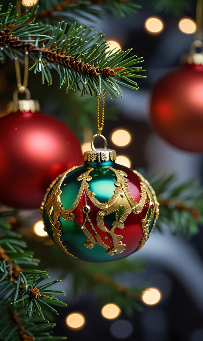 "Shimmering Holiday Ornaments – Red, Green, and Gold Elegance"