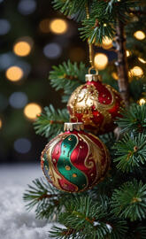 "Shimmering Holiday Ornaments – Red, Green, and Gold Elegance"