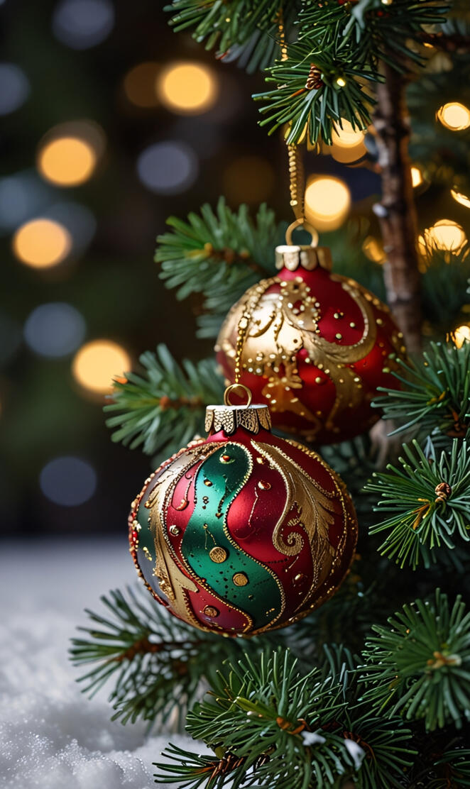 "Shimmering Holiday Ornaments – Red, Green, and Gold Elegance"