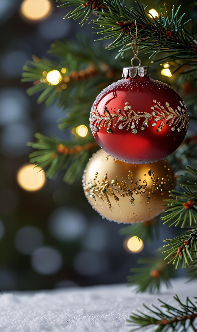 "Shimmering Holiday Ornaments – Red, Green, and Gold Elegance"