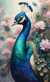 a peacock with a colorful background