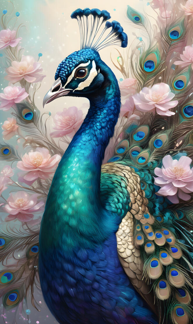 a peacock with a colorful background
