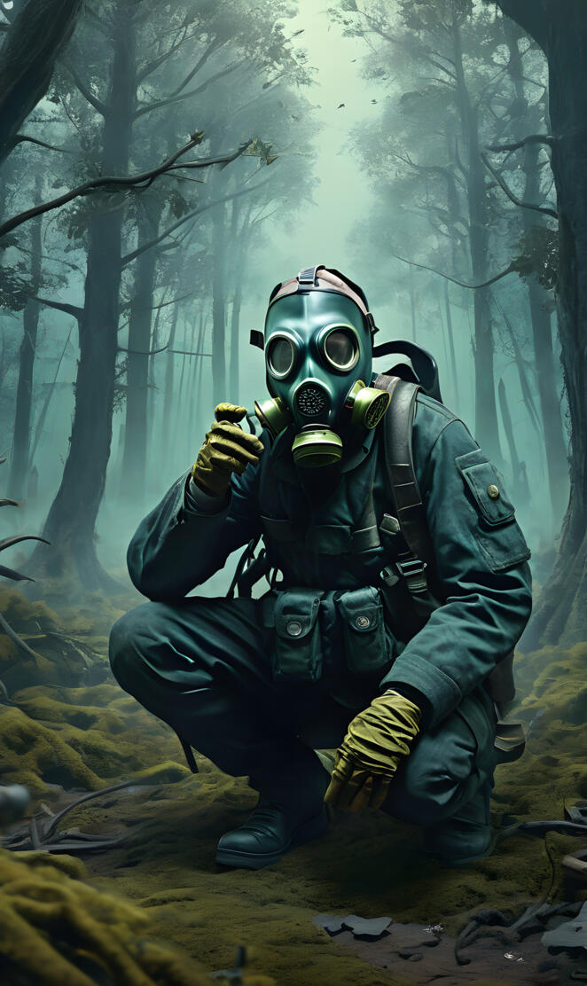 a man in a helmet squatting in the woods