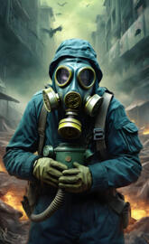a person wearing a gas mask and holding a gas mask