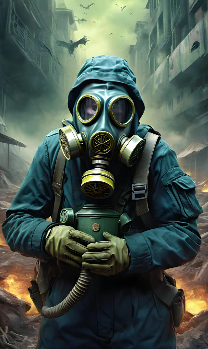 a person wearing a gas mask and holding a gas mask