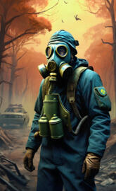 a person wearing a gas mask and a gas mask