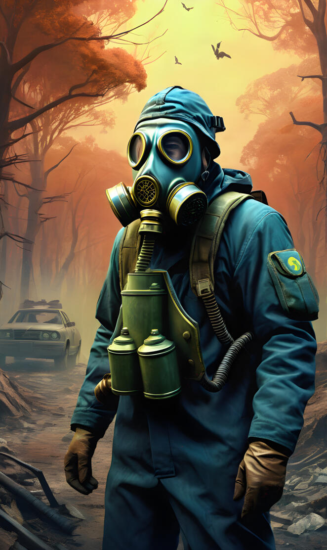 a person wearing a gas mask and a gas mask