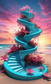 a person in a blue dress sitting on a beach with flowers