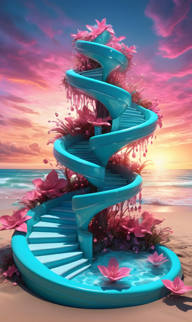 a person in a blue dress sitting on a beach with flowers