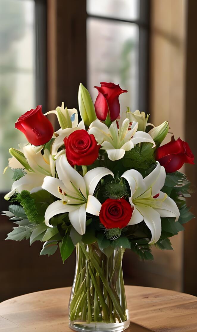 Red roses and white lilies in vase, elegant romance.