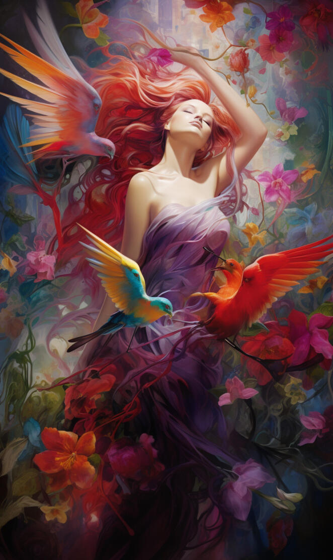 Woman in colibri swarm