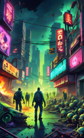 a street with many signs and people