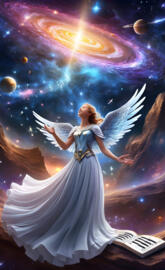 a person in a dress with wings and a keyboard in front of a starry sky