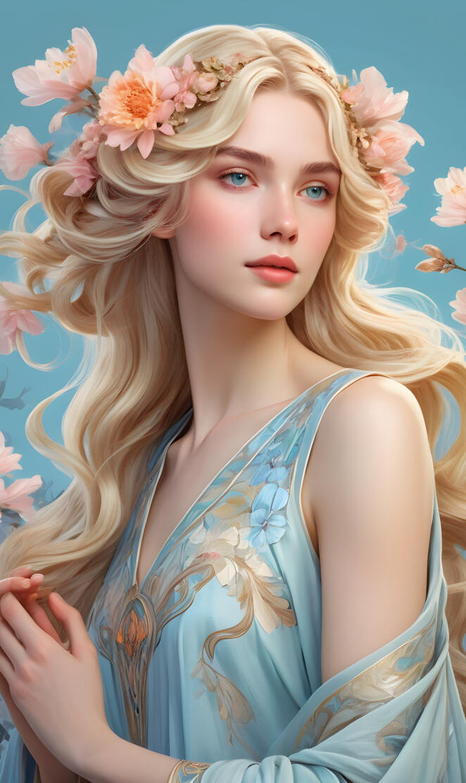 beautiful elegant blonde woman with cascading tresses, expressive, f