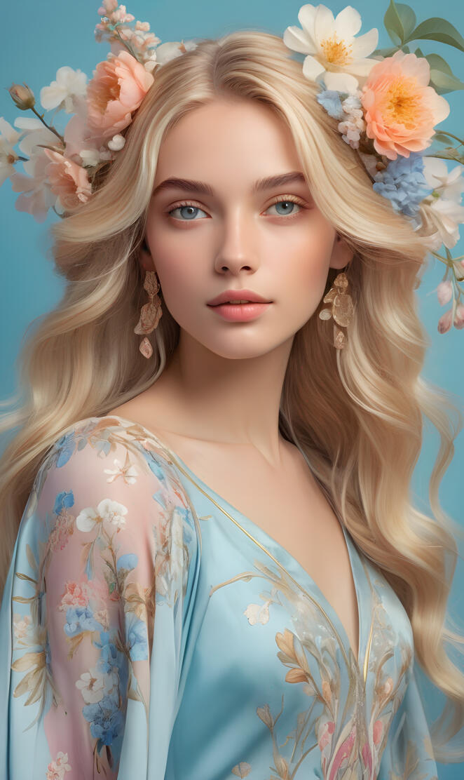 beautiful elegant blonde woman with cascading tresses, expressive, f