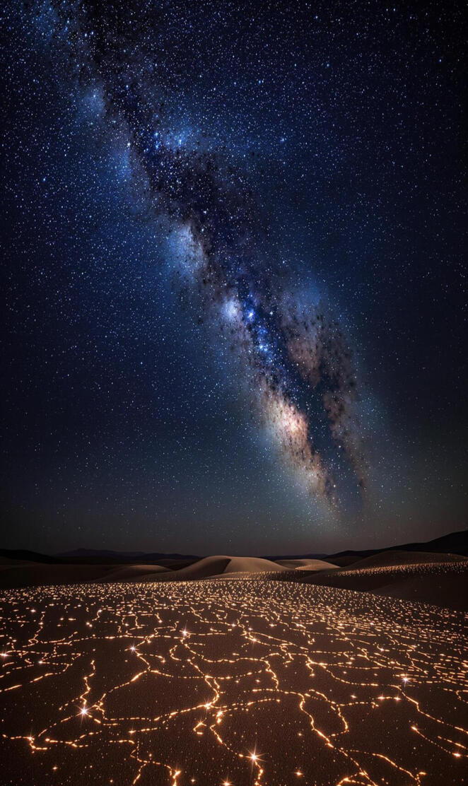 Milky way galaxy shining and desert and stars