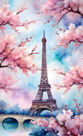 a tall tower with pink flowers with Eiffel Tower in the background