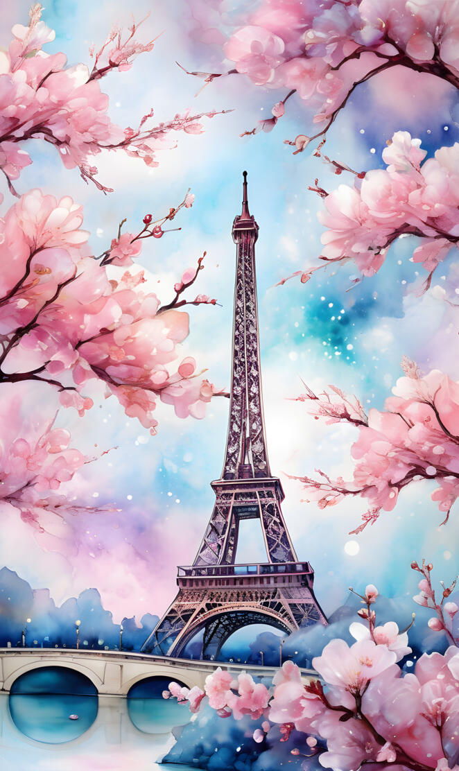 a tall tower with pink flowers with Eiffel Tower in the background