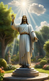 A statue of Jesus in a garden