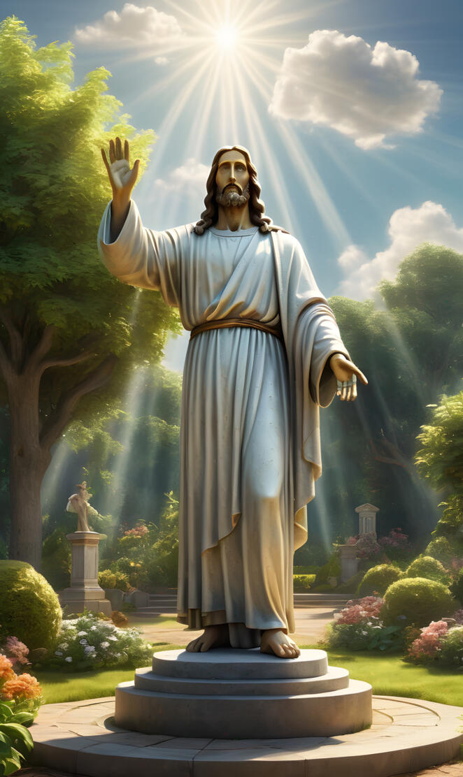 A statue of Jesus in a garden