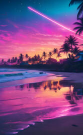 a beach with palm trees and a sunset