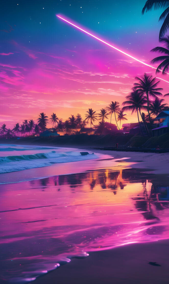 a beach with palm trees and a sunset