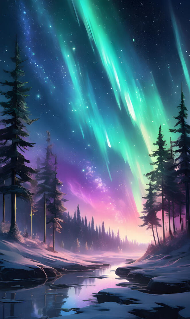 Northern lights beaming in a night sky surrounded by trees