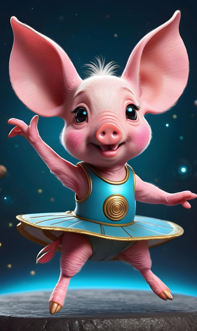 a pink piggy bank with a yellow shirt and a blue hat