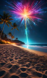a beach with palm trees and a bright light in the sky