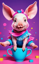 a pink pig wearing a blue dress and holding a blue cup