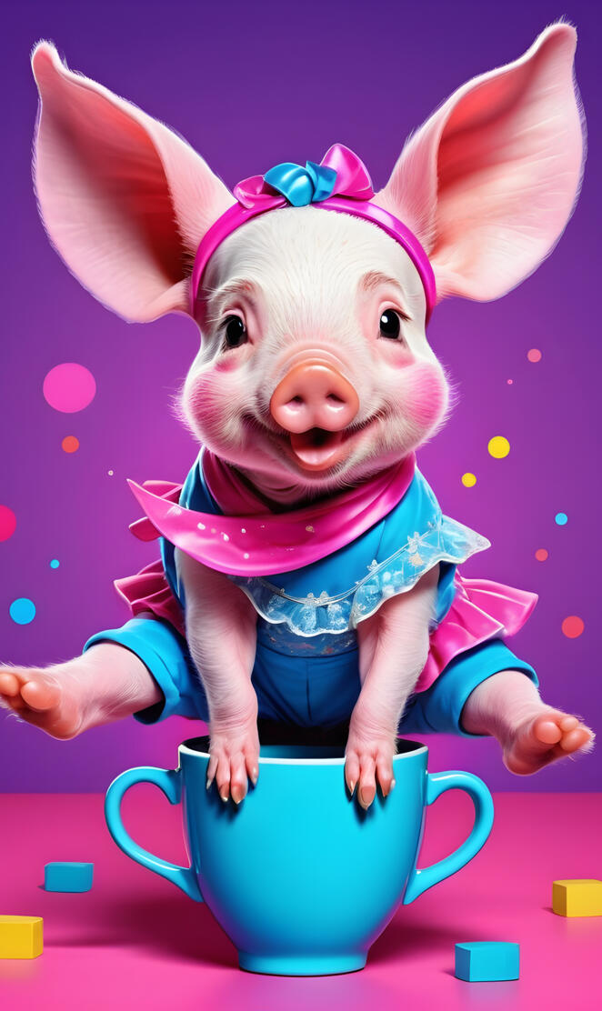 a pink pig wearing a blue dress and holding a blue cup