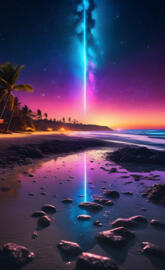 a beach with rocks and water with a bright light in the sky