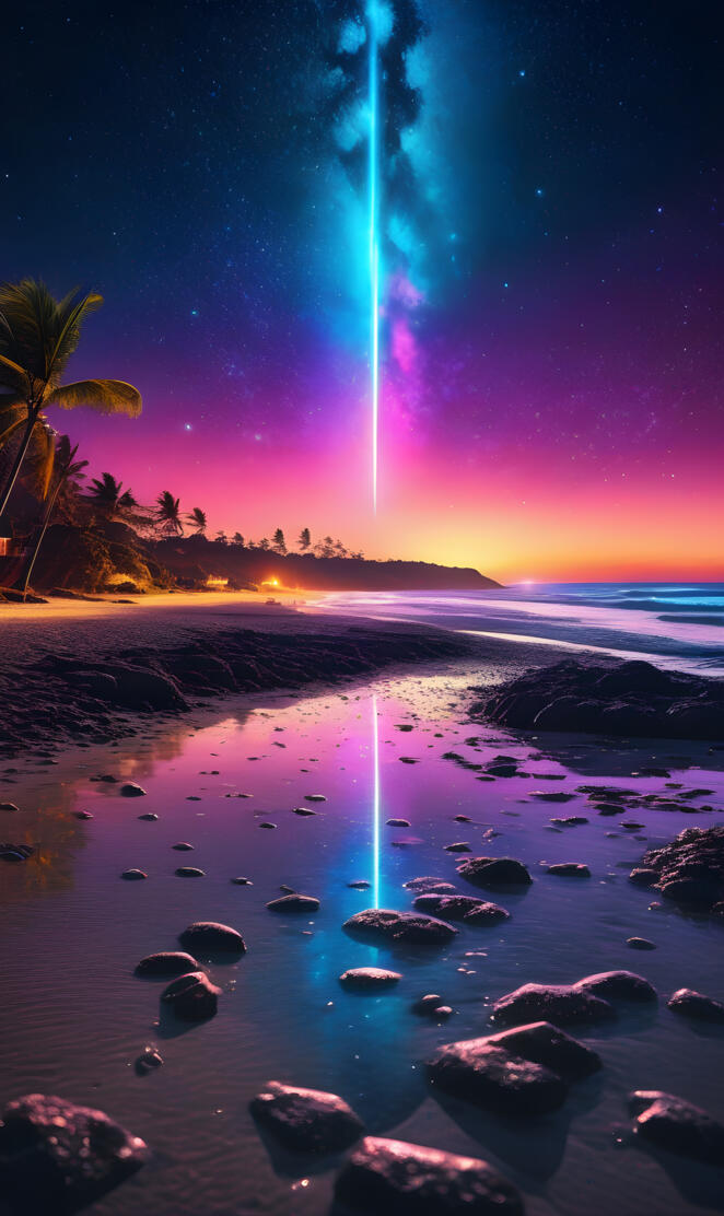 a beach with rocks and water with a bright light in the sky