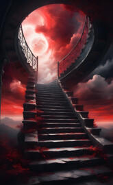 Stairs in the clouds and a red moon