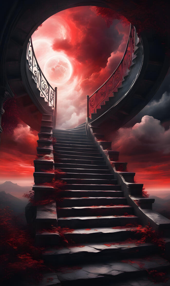 Stairs in the clouds and a red moon