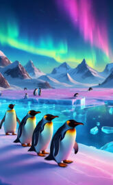 Neon penguins northern lights