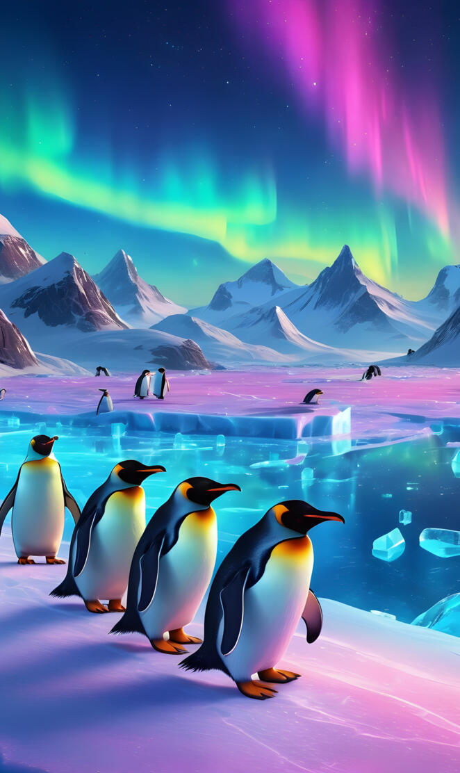 Neon penguins northern lights