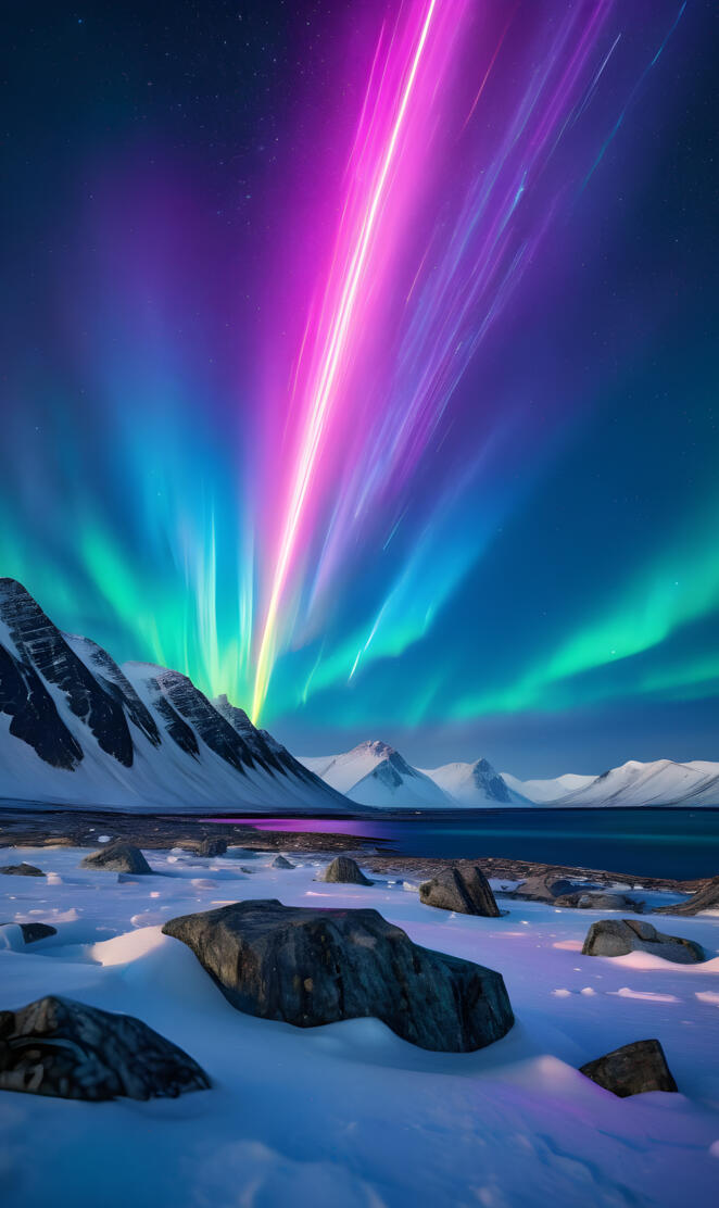 a snowy mountain range with a bright light in the sky