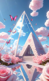 a house with pink flowers and a blue sky